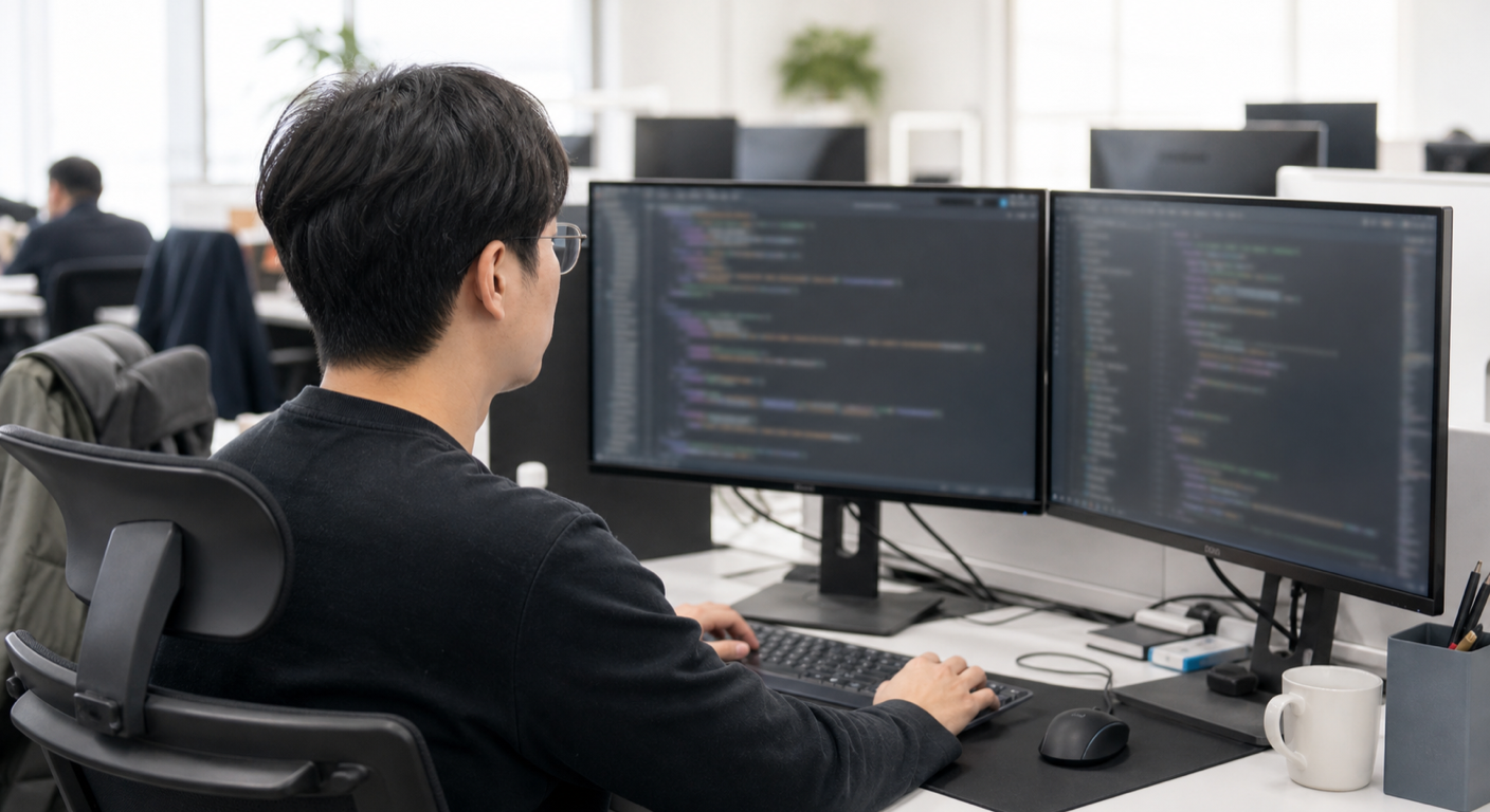 듀얼 모니터로 코드를 작성하는 개발자
